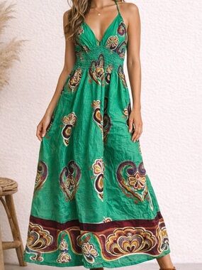 Angie Emerald Green Paisley-Print Halter Maxi Dress